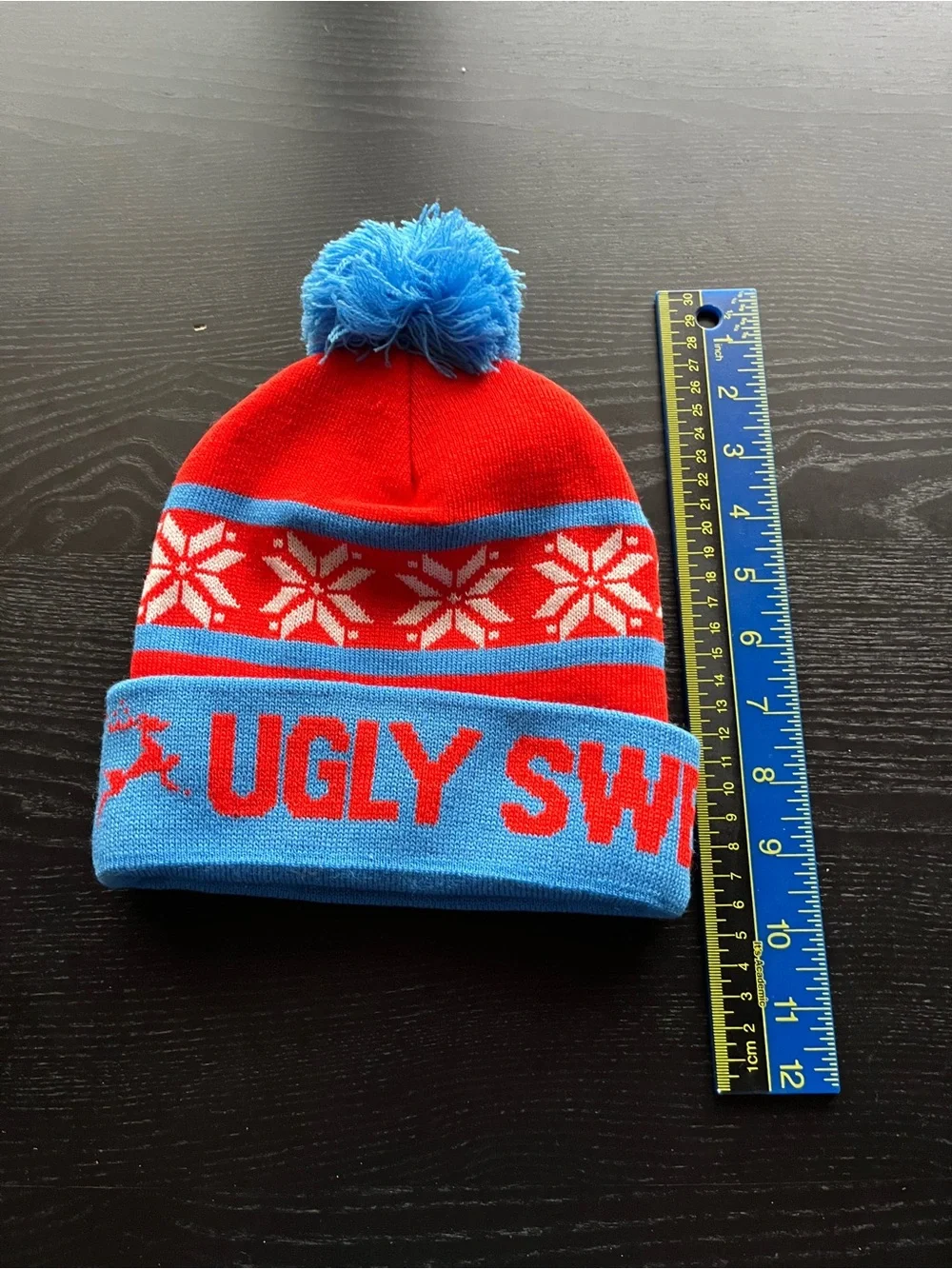 Ugly Sweater Run Red & Blue Knit Beanie Pom Hat One Size